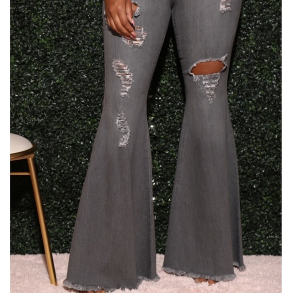 Distressed High Rise Flare Jeans - Grey - Picture 2 of 4